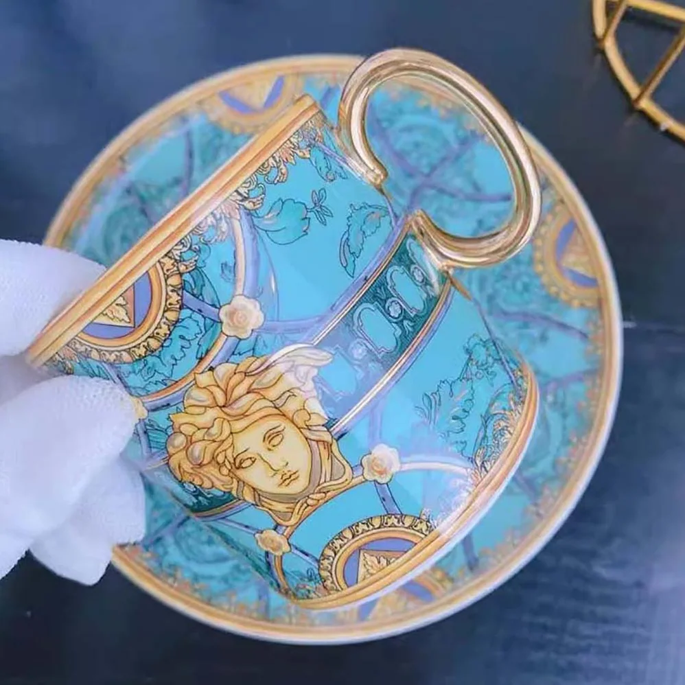 Versace Scala Del Palazzo Coffee Set Includes a Coffee Cup with Handle and a Matching Saucer in Blue