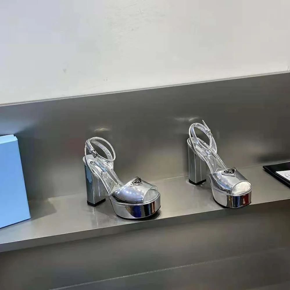 Prada Metallic Leather Platform Sandals for Women in Silver