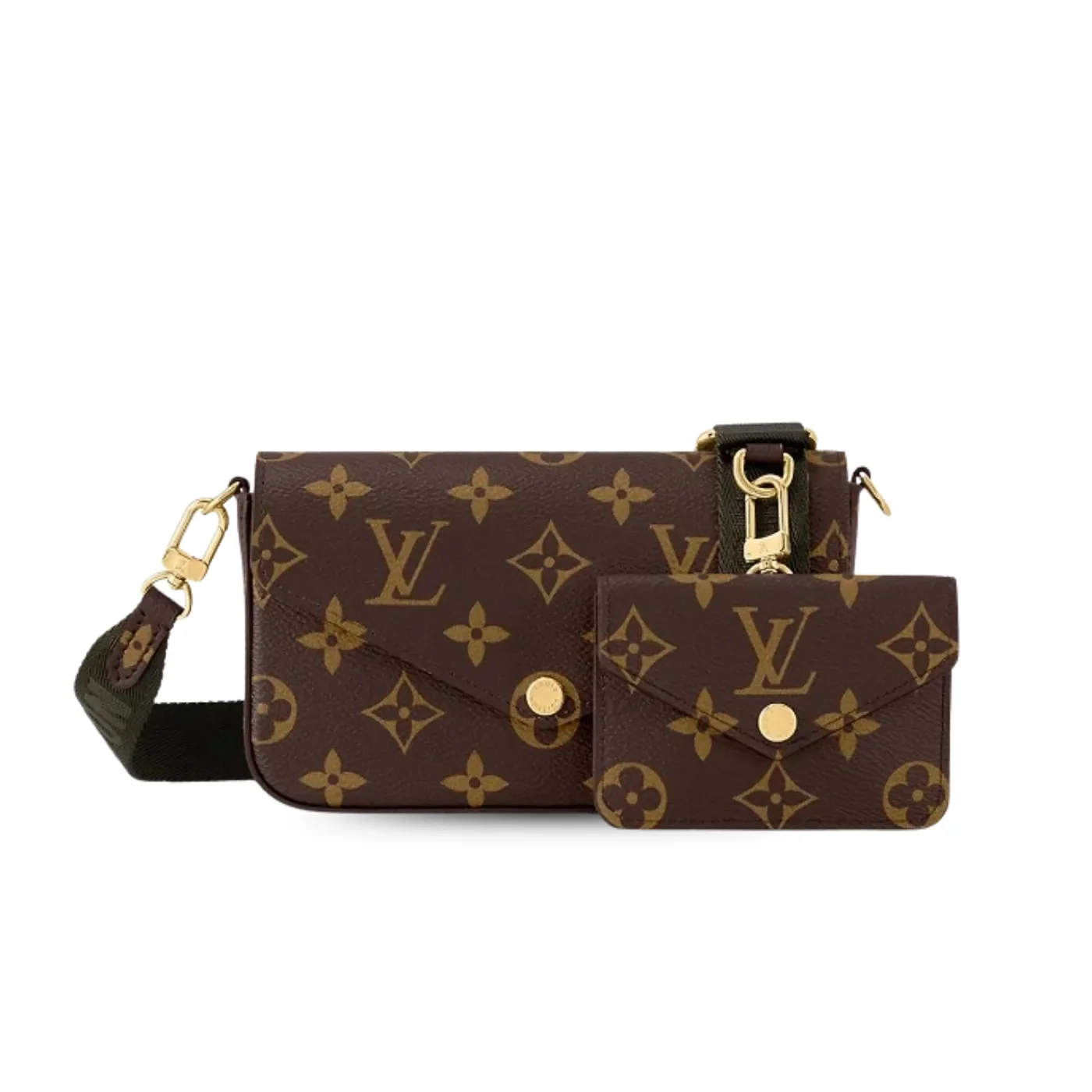 Louis Vuitton Pochette Felicie Strap & Go Wallet Shoulder Bag / Khaki Green Monogram Canvas Gold Hardware