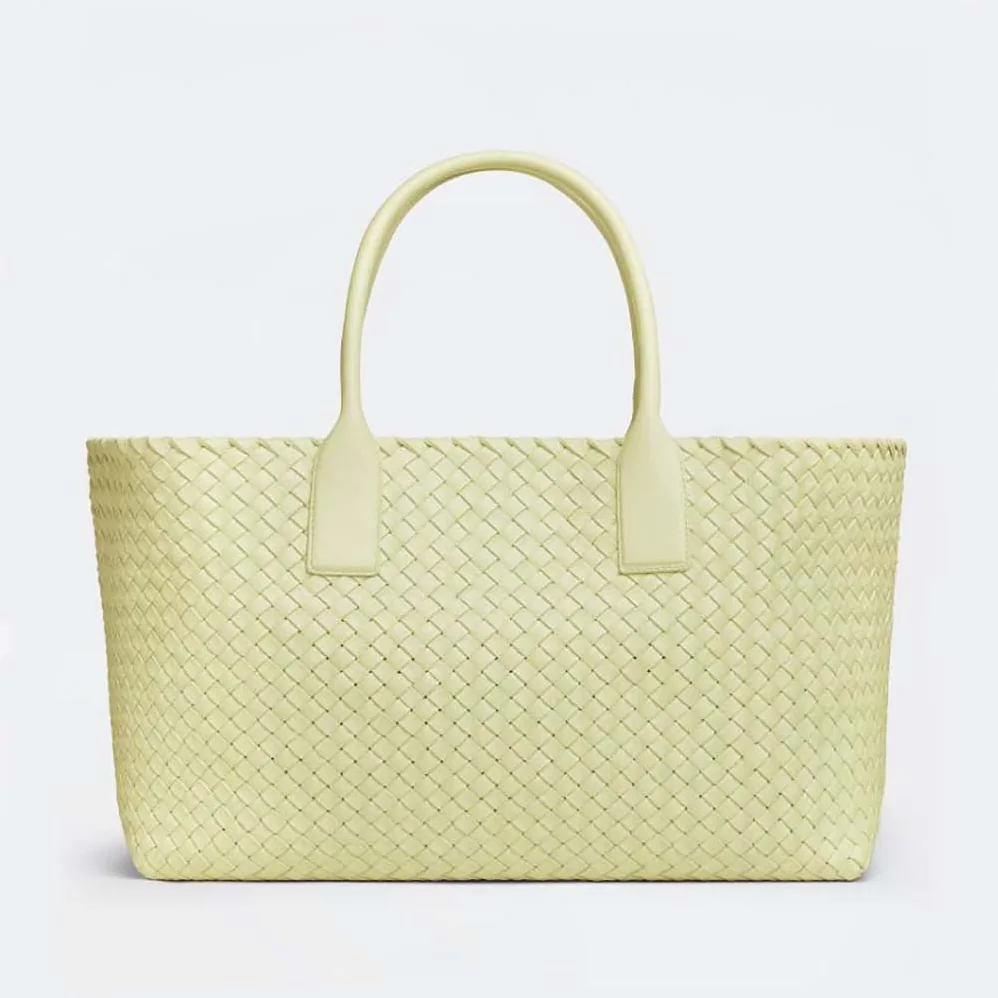 Bottega Veneta Medium Cabat Leather Tote Bag with Detachable Strap for Women in Yellow Bottega Veneta Medium Cabat Leather Tote Bag with Detachable Strap for Women in Yellow