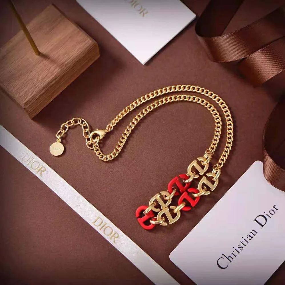 Dior CD Navy Necklace Gold-Finish Metal and Raspberry Lacquer for Women