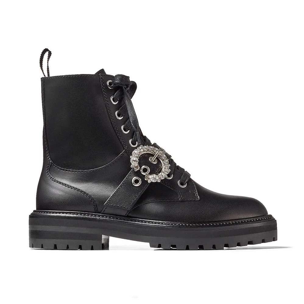 Jimmy Choo Cora Flat/Crystal Black Soft Calf Leather Combat Boots with Crystal Buckle for Women Jimmy Choo Cora Flat/Crystal Black Soft Calf Leather Combat Boots with Crystal Buckle for Women