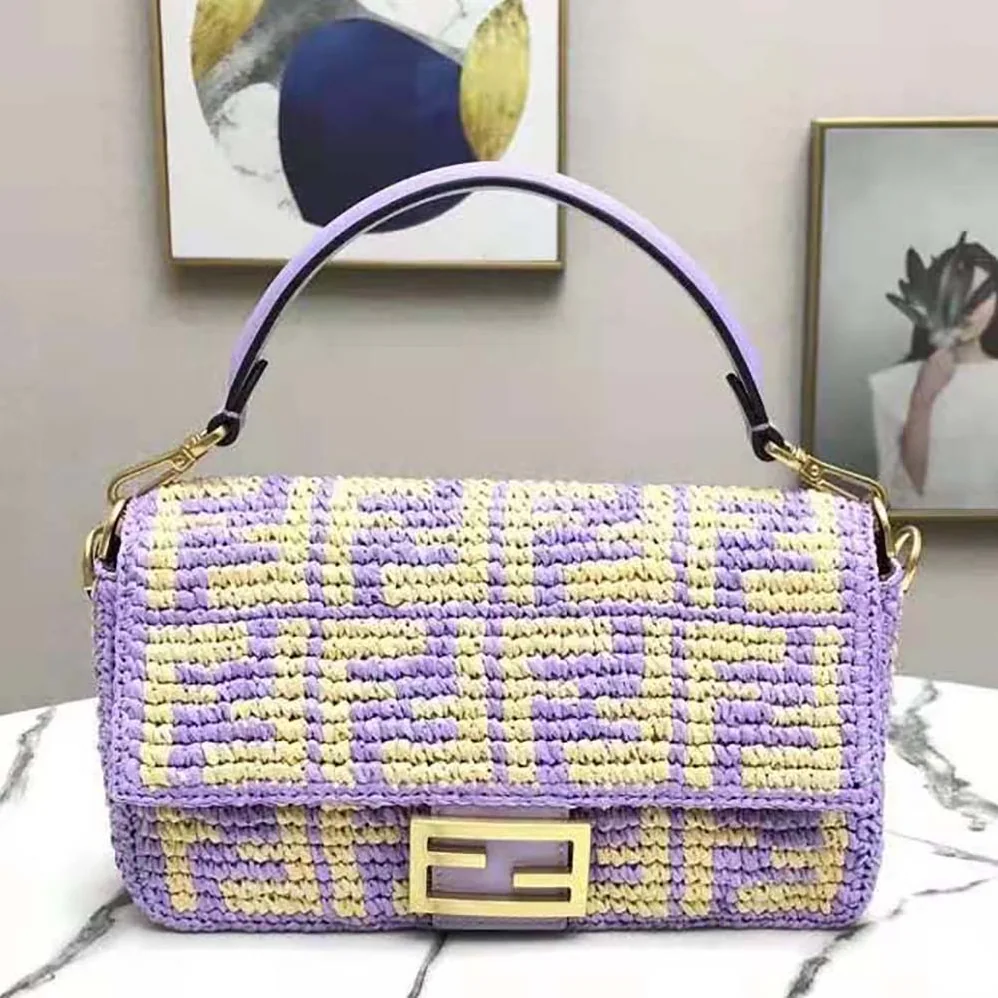 Fendi Baguette Large Lilac FF Raffia Bag for Women