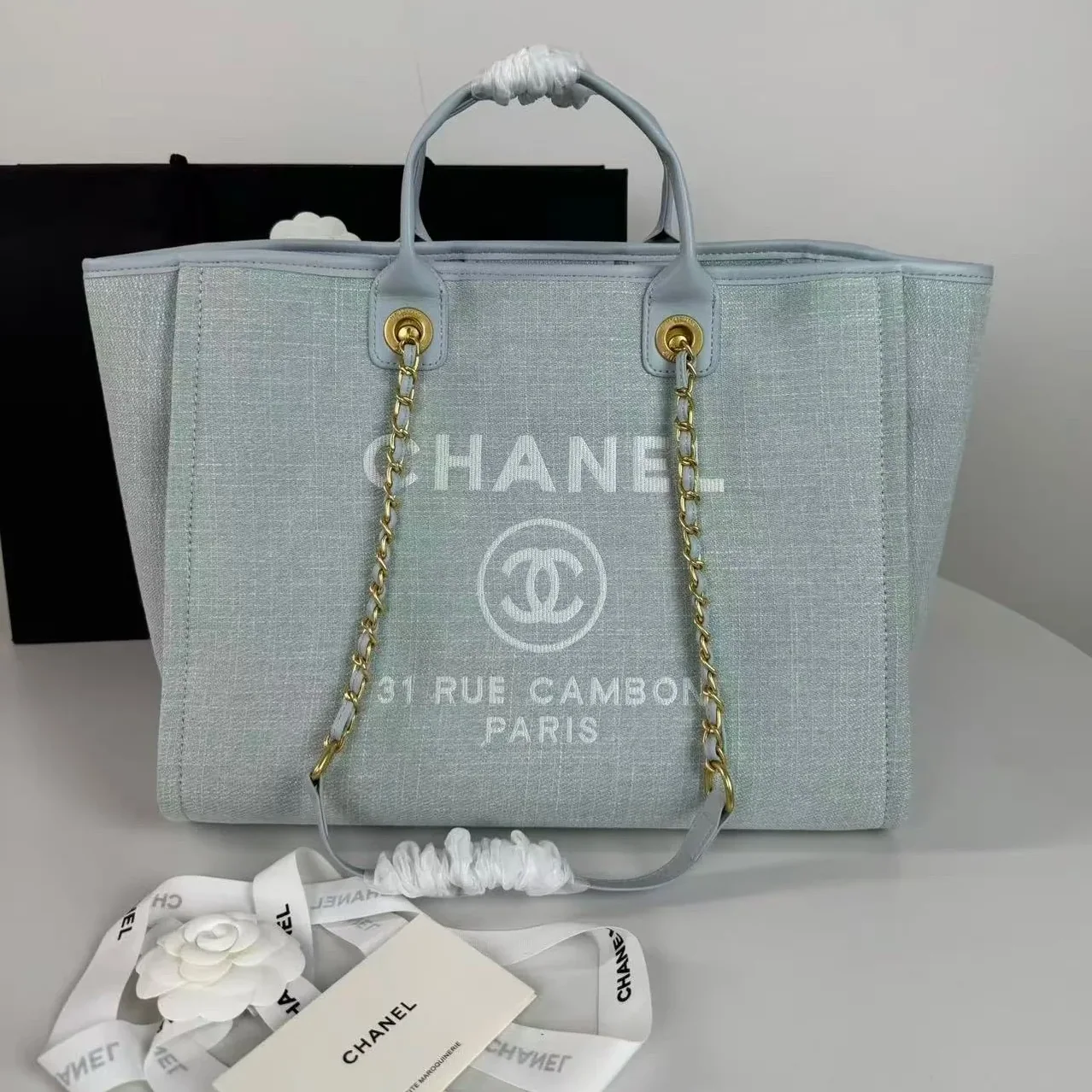 Chanel Deauville Small Tote Bag in Light Blue Gold Hardware Chanel Deauville Small Tote Bag in Light Blue Gold Hardware