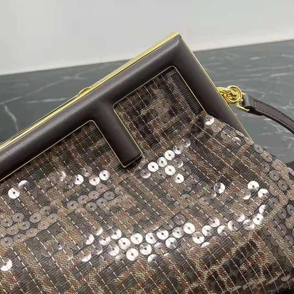 Fendi First Small Brown FF Jacquard Fabric Bag with Sequins for Women