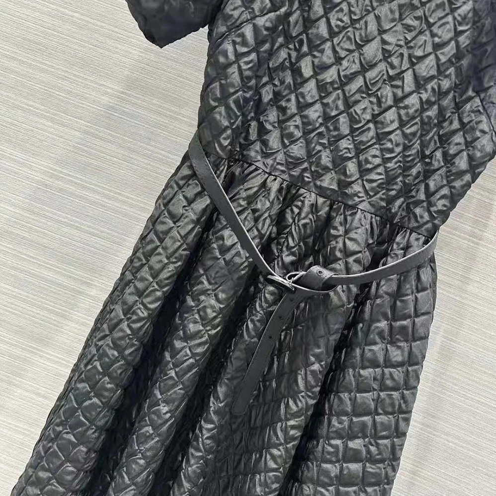 Dior Mid-Length Belted Dress Black Matte Cloqué Technical Fabric for Women