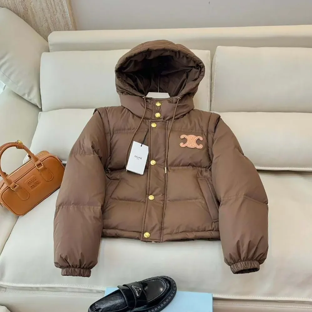 Celine Triomphe Cropped Down Jacket in Lightweight Nylon for Women in Brown