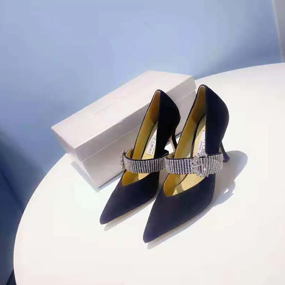 Jimmy Choo Kari 90 Black Suede Pumps with Crystal for Women in Embellished Strap Jimmy Choo Kari 90 Black Suede Pumps with Crystal for Women in Embellished Strap