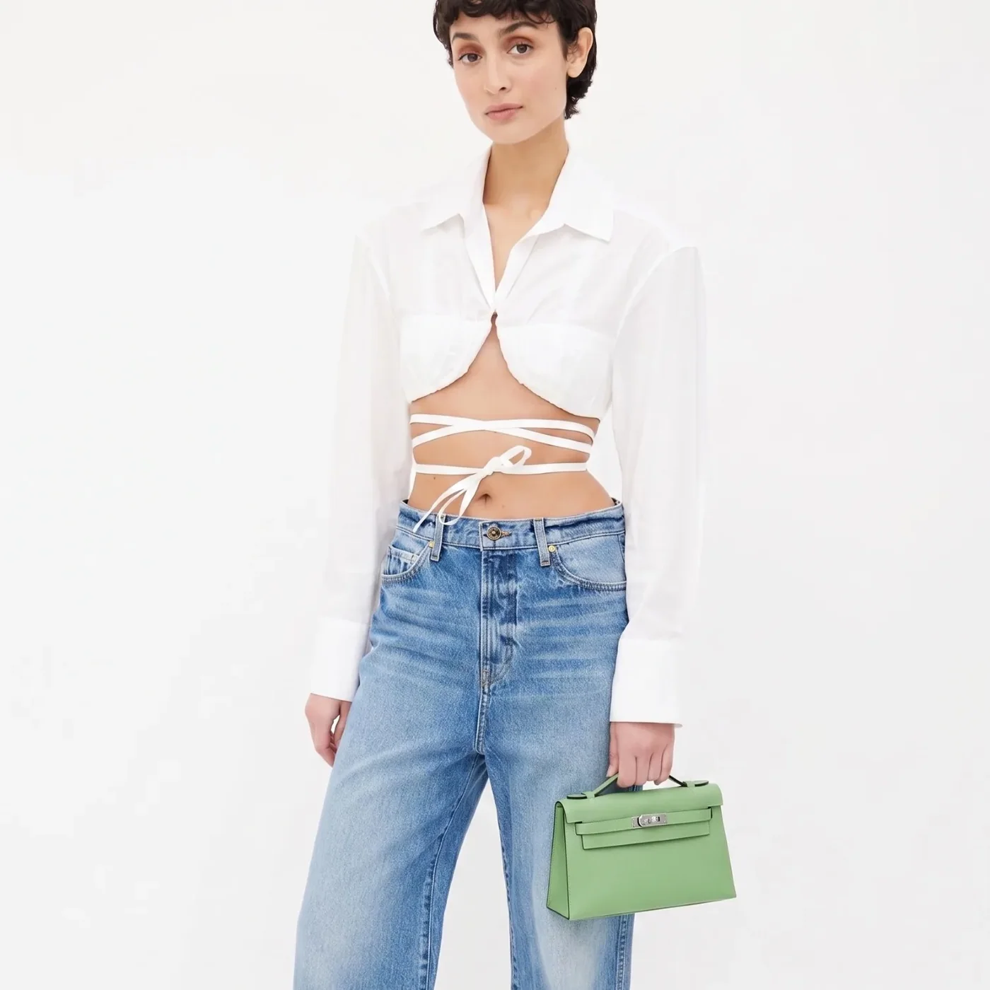 Hermes Kelly Pochette Top Handle Bag in Green Epsom Palladium Hardware