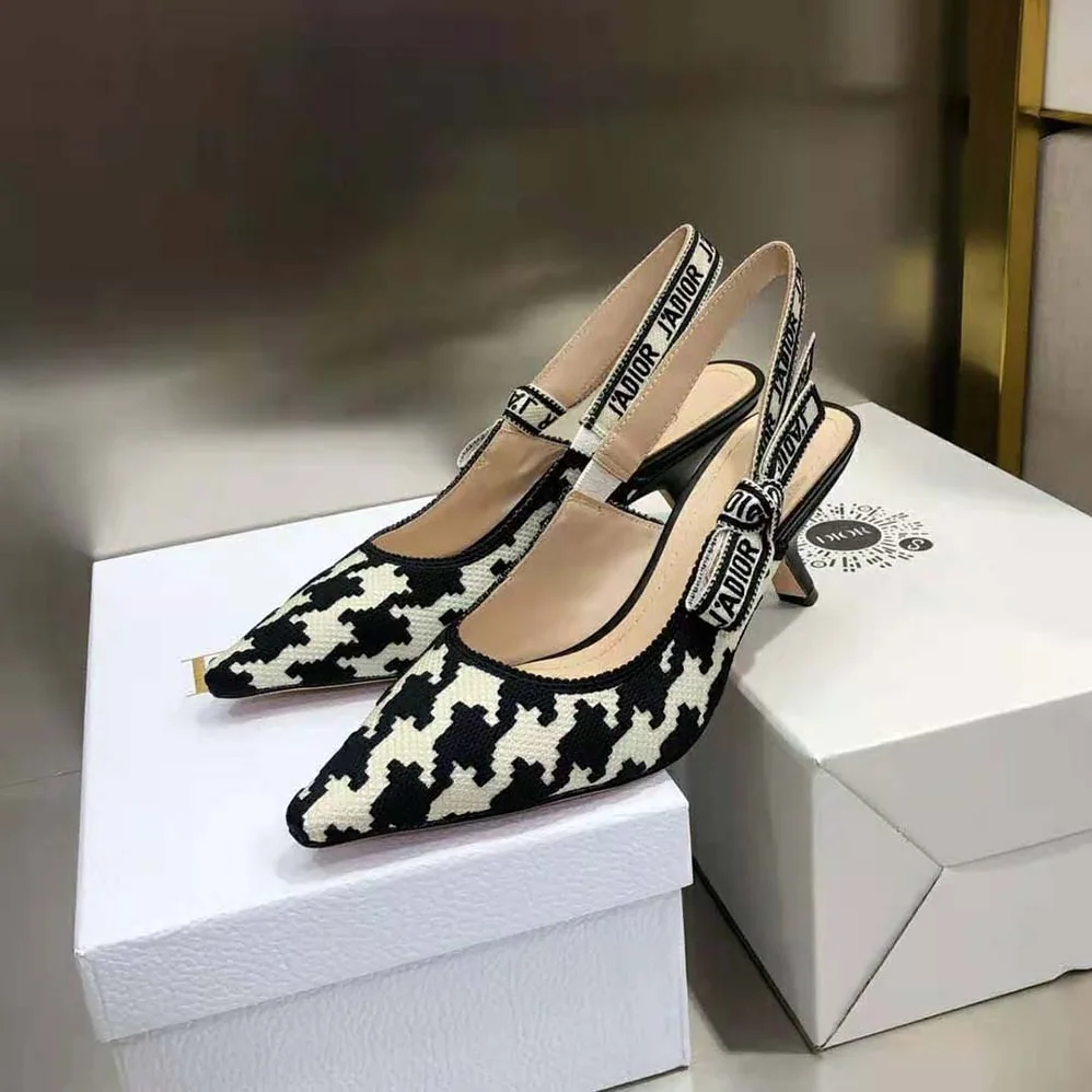 Dior J'Adior Slingback Pump Black and White Cotton Embroidery for Women Dior J'Adior Slingback Pump Black and White Cotton Embroidery for Women