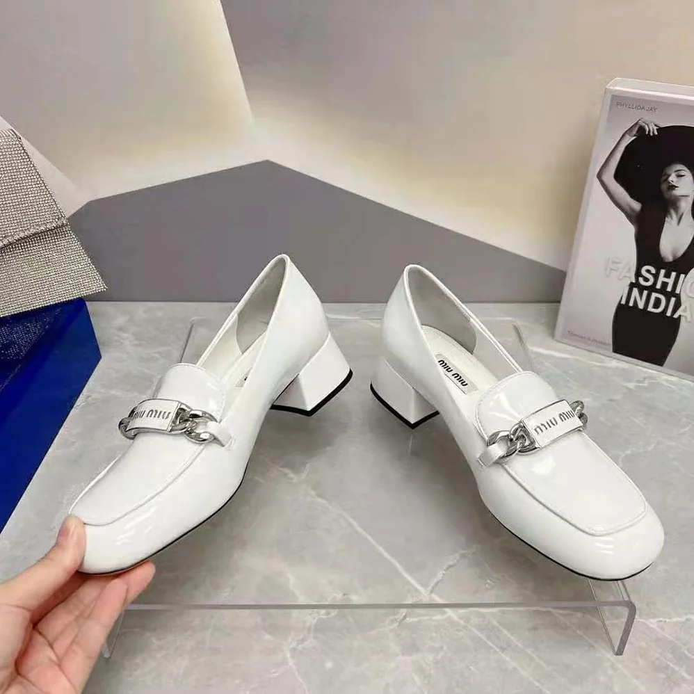 Miu Miu Patent Leather Loafers in 35 mm Heel Height for Women in White Miu Miu Patent Leather Loafers in 35 mm Heel Height for Women in White