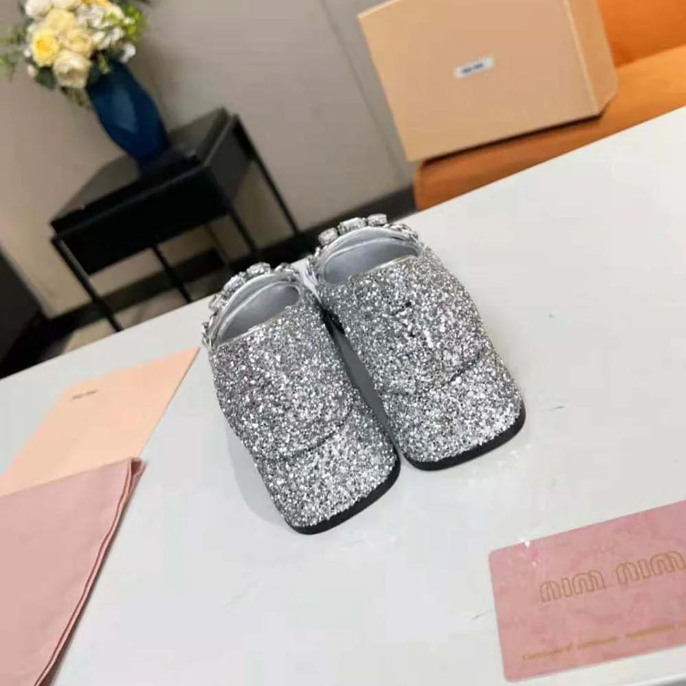 Miu Miu Glitter Fabric Loafers with Fabric Logo Label for Women Miu Miu Glitter Fabric Loafers with Fabric Logo Label for Women