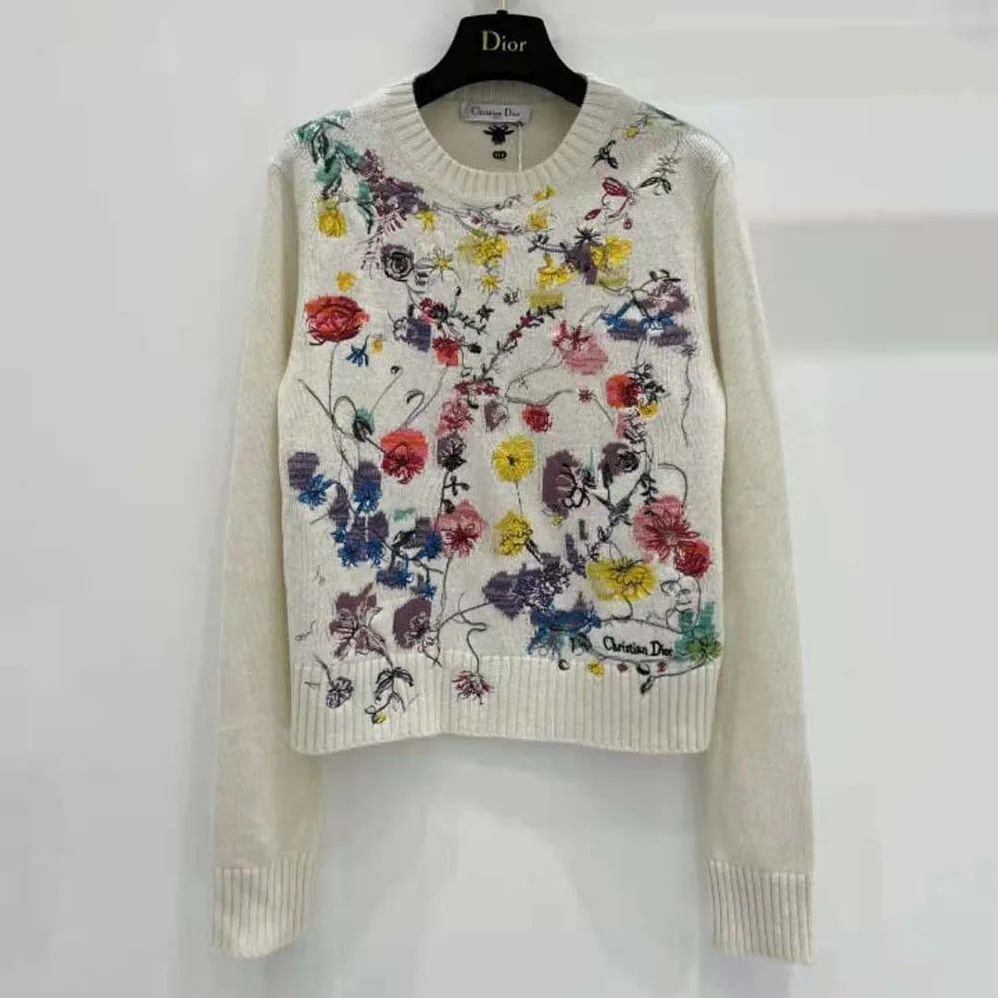 Dior Embroidered Sweater White Cashmere Knit with Red Multicolor Florilegio Motif for Women Dior Embroidered Sweater White Cashmere Knit with Red Multicolor Florilegio Motif for Women