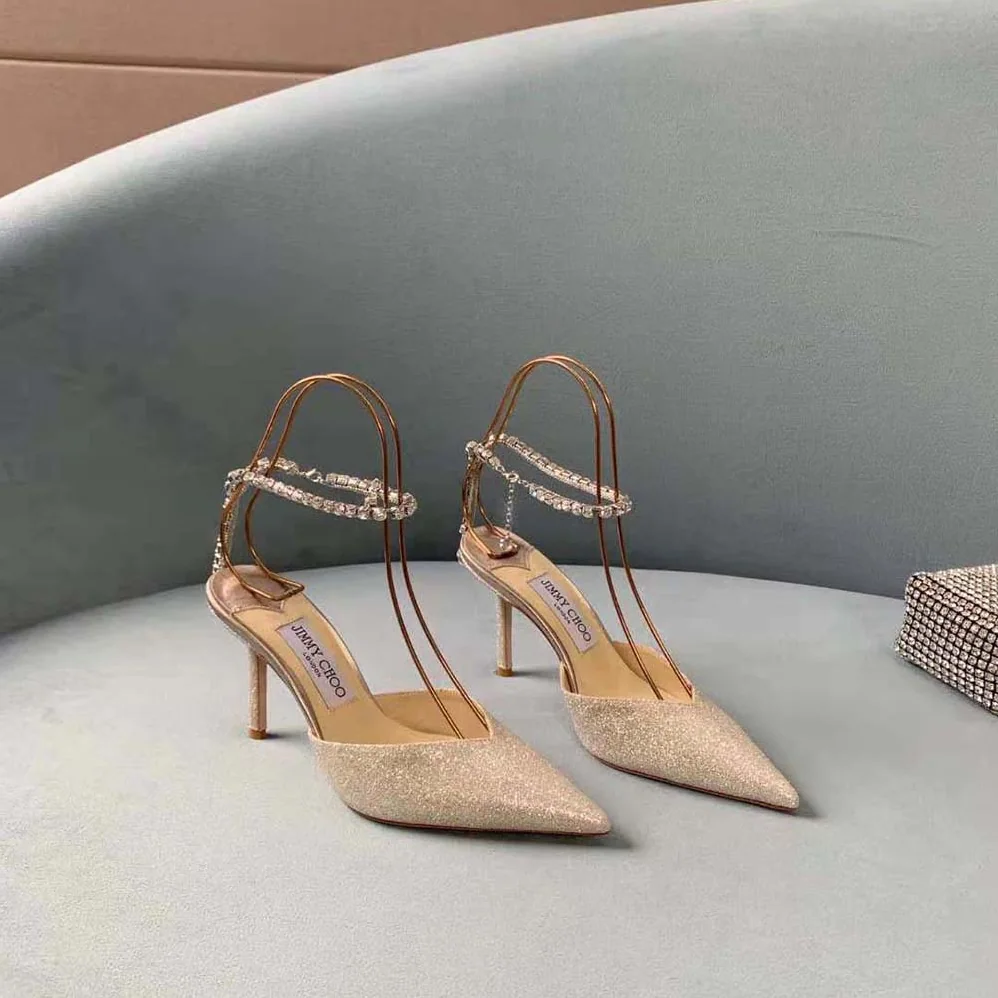 Jimmy Choo Saeda 100 Platinum Ice Dusty Glitter Pumps with Crystal Embellishment for Women Jimmy Choo Saeda 100 Platinum Ice Dusty Glitter Pumps with Crystal Embellishment for Women