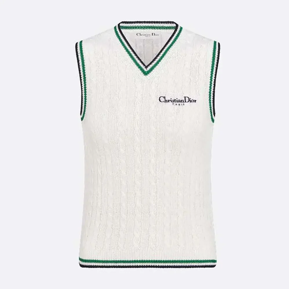 Dior Vibe Sweater Vest Ecru Black and Pine Green Cotton and Silk Cable Knit for Women Dior Vibe Sweater Vest Ecru Black and Pine Green Cotton and Silk Cable Knit for Women