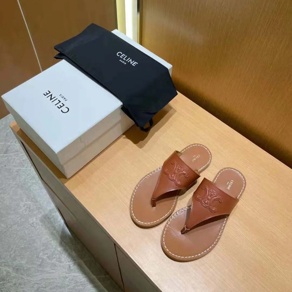 Celine Triomphe Flat Thong in Calfskin for Women in Tan