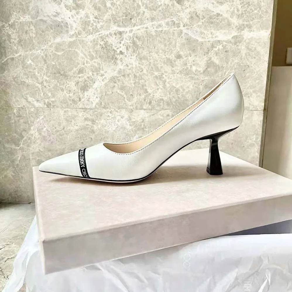Jimmy Choo RENE 65 Latte Nappa Leather Pointed Pumps with Logo for Women in Woven Ribbon