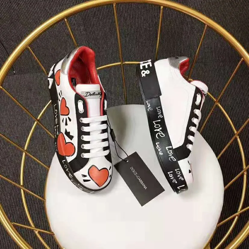 Dolce Gabbana D&G Calfskin Nappa Portofino Sneakers with Heart Print for Women in Red
