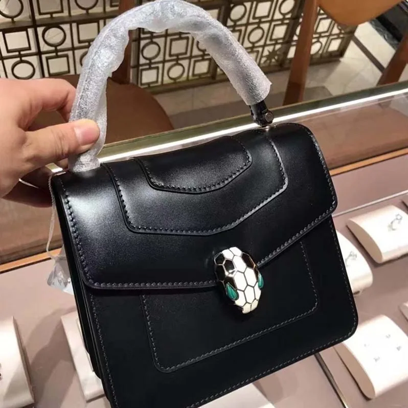 Bvlgari Serpenti Forever Medium Flap Cover Handle Bag Calfskin in Black