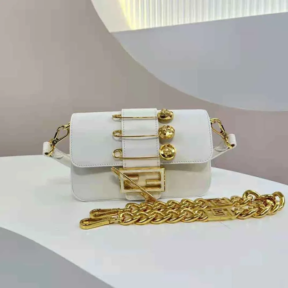 Fendi Brooch Mini Baguette Fendace White Leather Bag for Women Fendi Brooch Mini Baguette Fendace White Leather Bag for Women