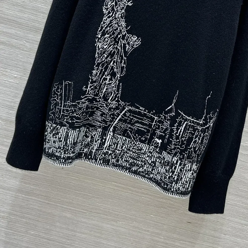 Dior Embroidered Sweater Black and White Cashmere and Silk Knit with New York Motif for Women