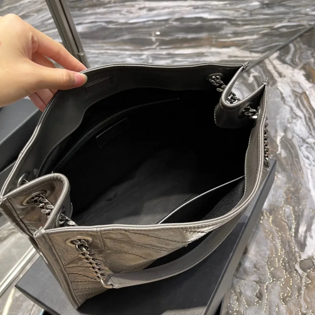 Saint Laurent Niki Shopping Medium Tote Bag in Green Khaki Silver Hardware