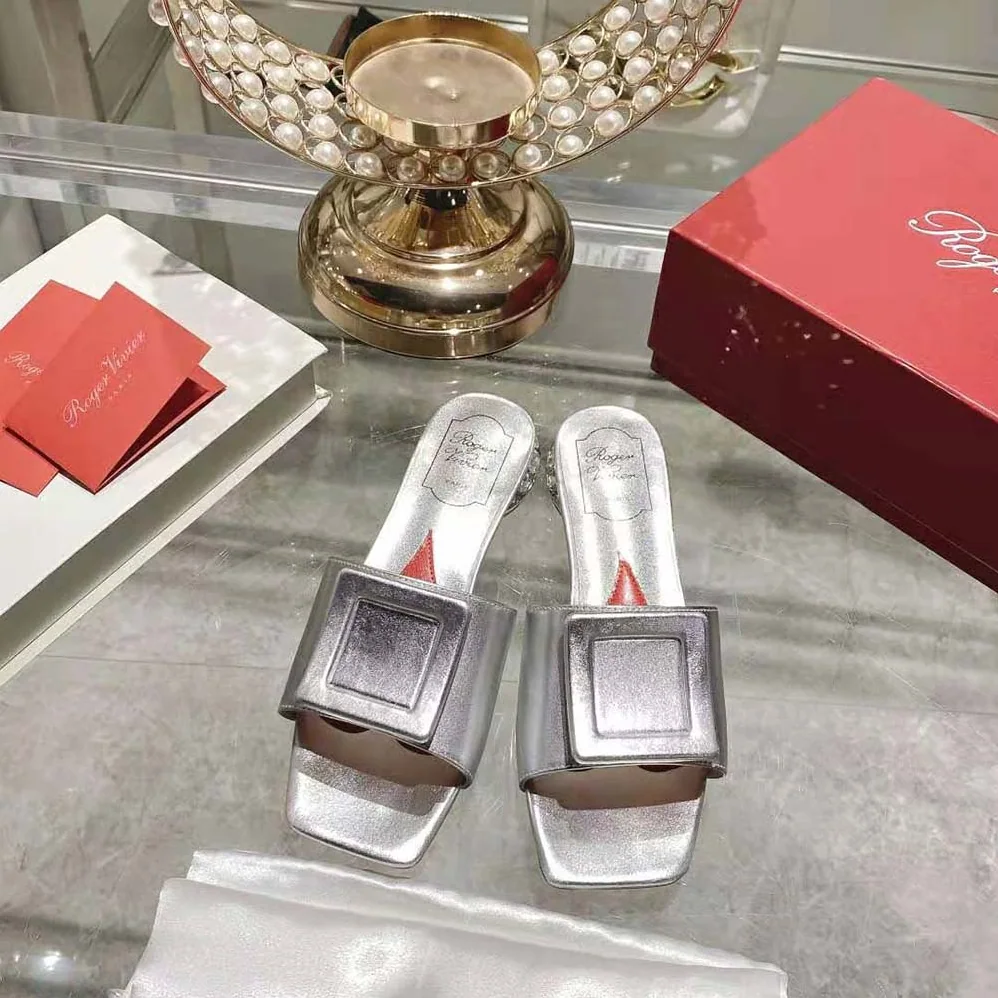 Roger Vivier Strass Heel Covered Buckle Mules in Satin for Women in Silver