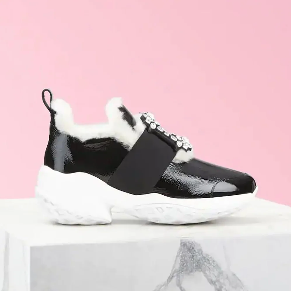Roger Vivier Viv' Run Shearling Strass Buckle Sneakers in Patent Leather for Women Roger Vivier Viv' Run Shearling Strass Buckle Sneakers in Patent Leather for Women