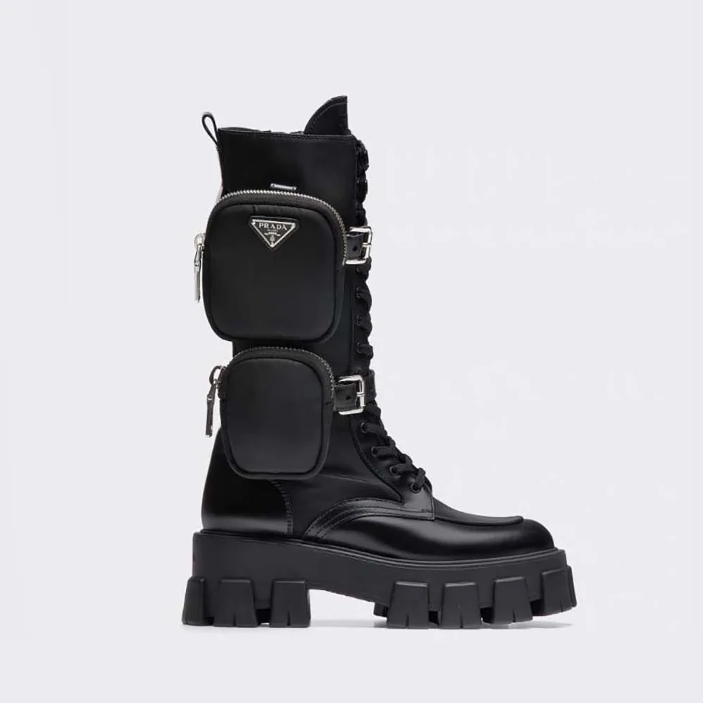 Prada Monolith Leather and Nylon Boots for Women in Black Prada Monolith Leather and Nylon Boots for Women in Black
