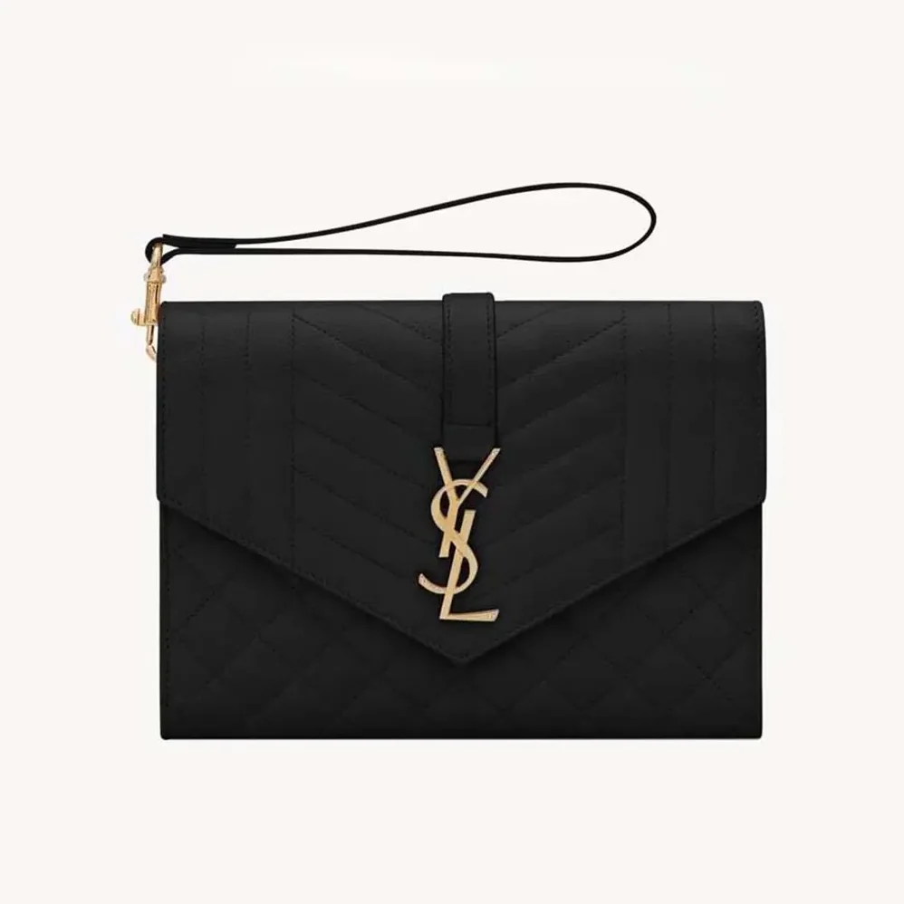 Saint Laurent YSL Envelope Flap Pouch In Mix Matelassé Grain De Poudre Leather Black for Women