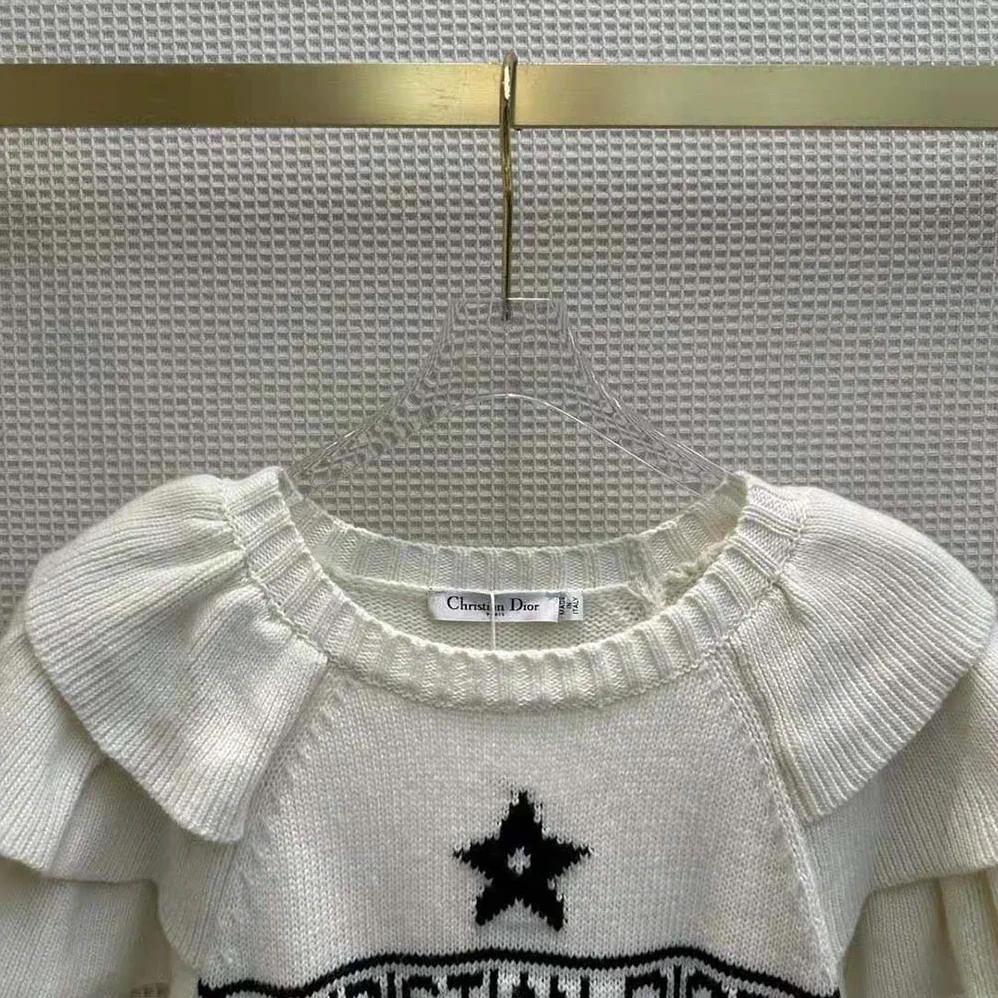 Dior Sweater with Ruffles White Cashmere Knit with Signature for Women