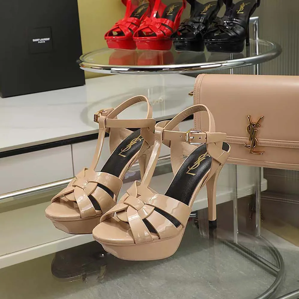 Saint Laurent YSL Tribute Platform Sandals in Smooth Leather for Women in Beige