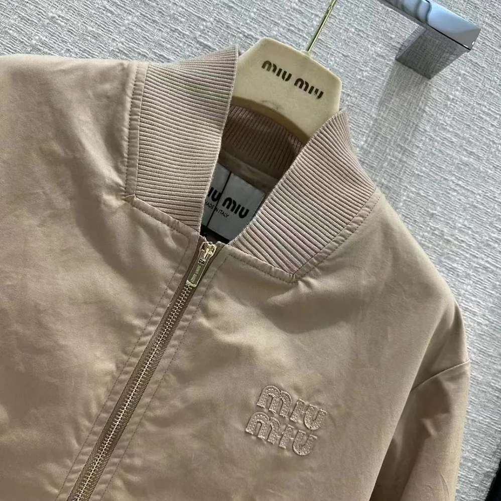 Miu Miu Chino Blouson Jacket with Embroidered Logo for Women Miu Miu Chino Blouson Jacket with Embroidered Logo for Women