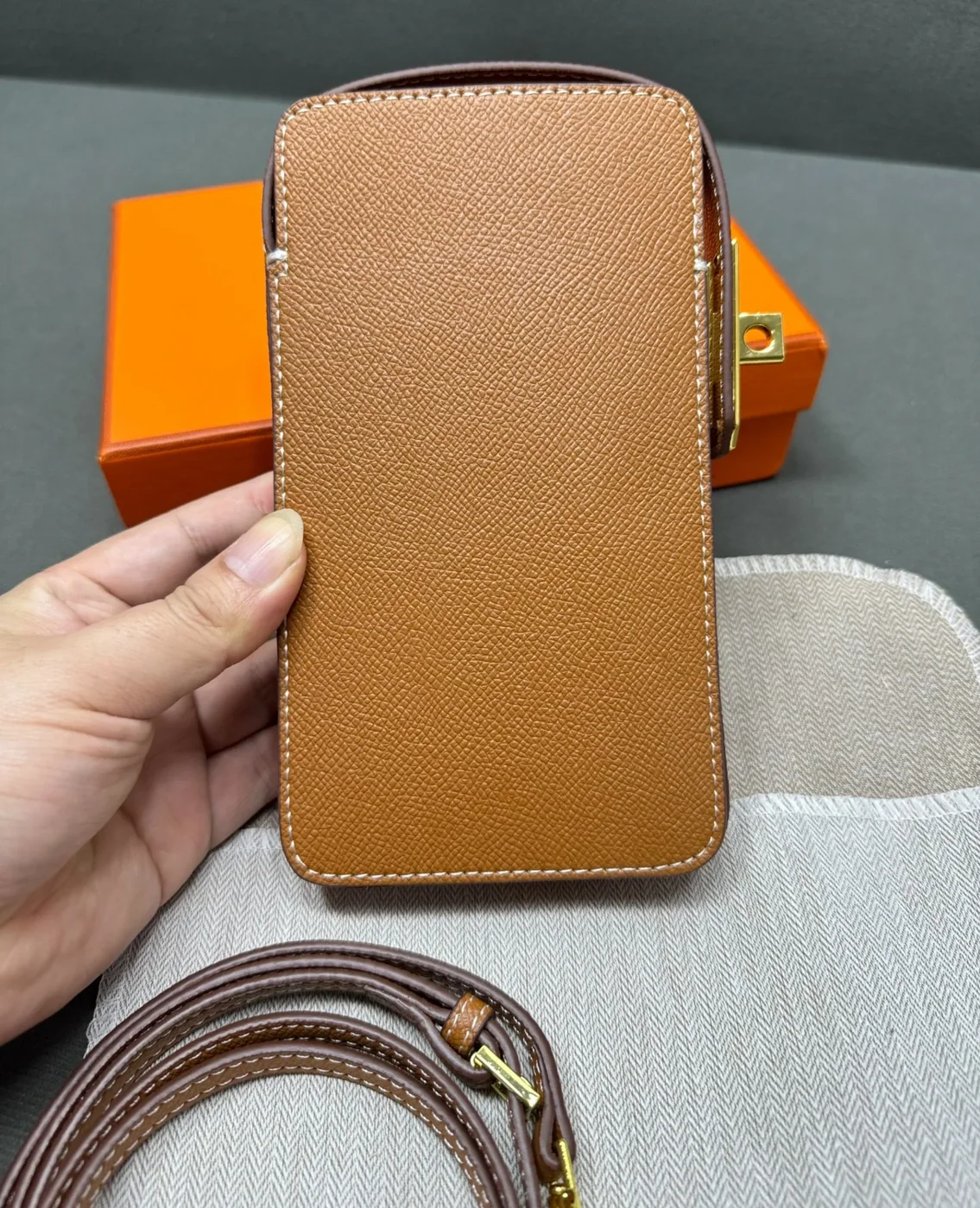 Hermes Hac A Box Phone Case Toffee Gold Hardware /