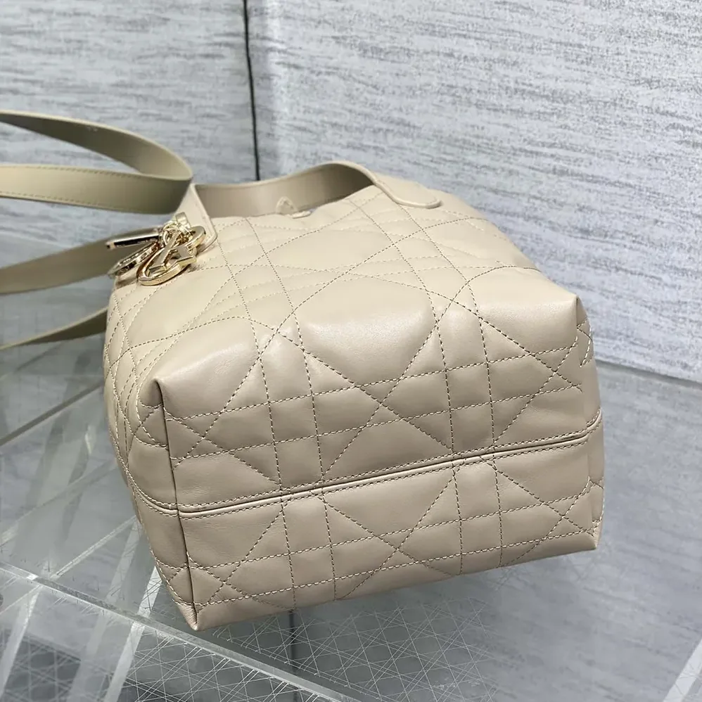 Dior Small Dior Toujours Vertical Tote Bag Powder Beige Macrocannage Calfskin for Women