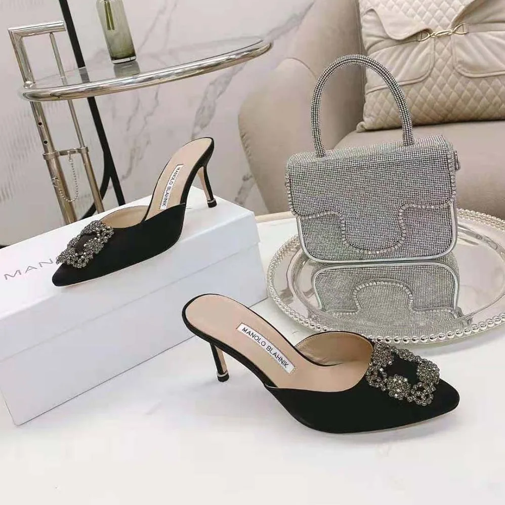 Manolo Blahnik Black Satin Jewel Buckle Mules for Women Manolo Blahnik Black Satin Jewel Buckle Mules for Women