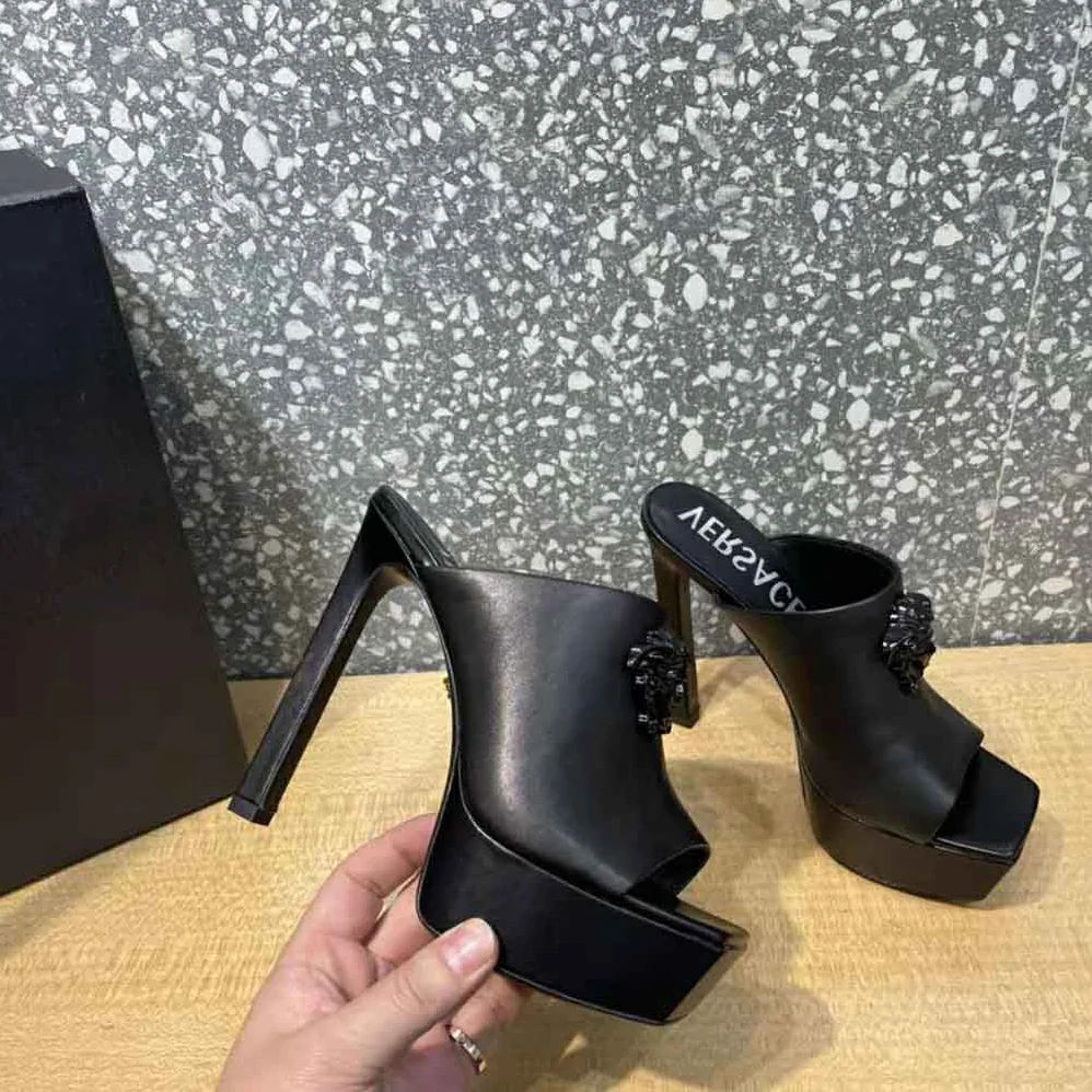 Versace La Medusa Platform Mules in Calf Leather for Women in Black Versace La Medusa Platform Mules in Calf Leather for Women in Black