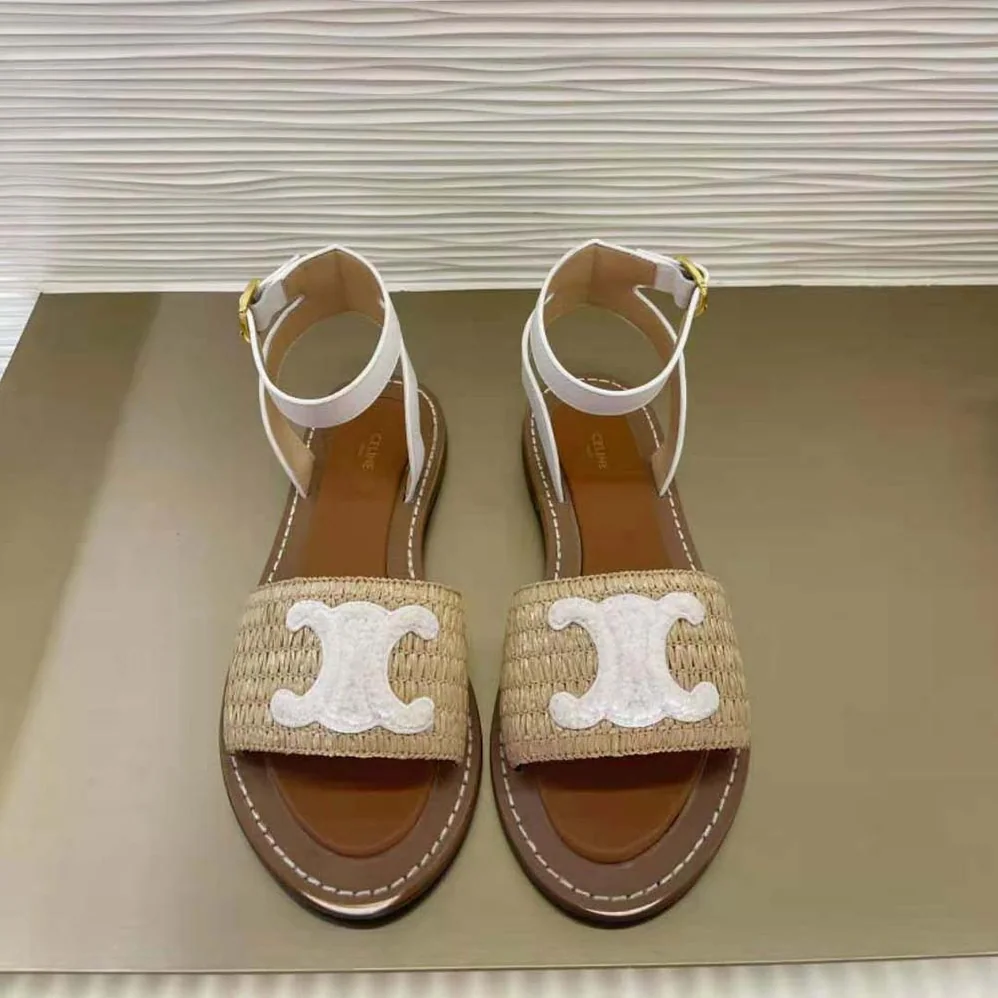 Celine Lympia Flat Strap Sandal in Raffia & Calfskin for Women in White Celine Lympia Flat Strap Sandal in Raffia & Calfskin for Women in White