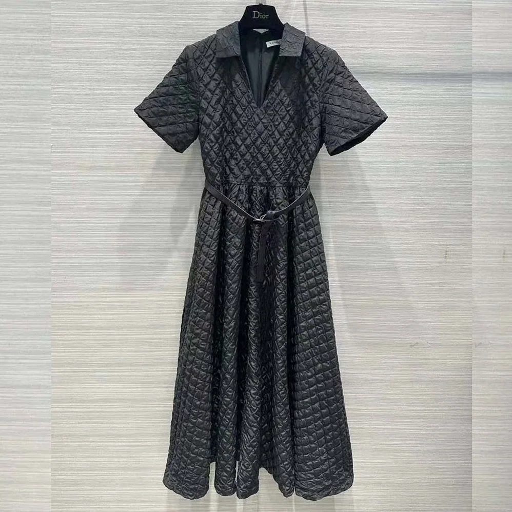 Dior Mid-Length Belted Dress Black Matte Cloqué Technical Fabric for Women