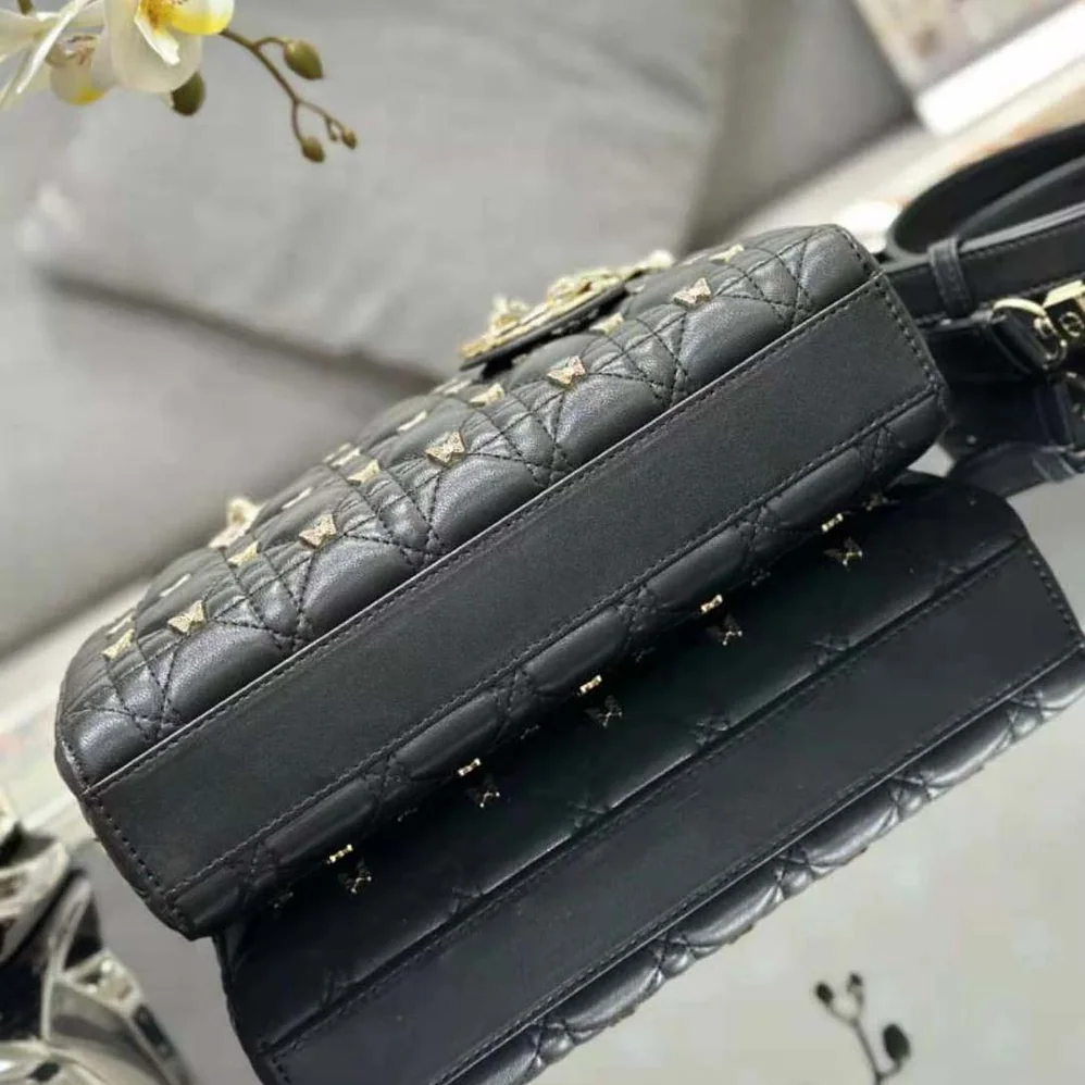 Dior Medium Lady D-joy Bag Black Cannage Lambskin with Gold for Women in Finish Butterfly Studs Dior Medium Lady D-joy Bag Black Cannage Lambskin with Gold for Women in Finish Butterfly Studs