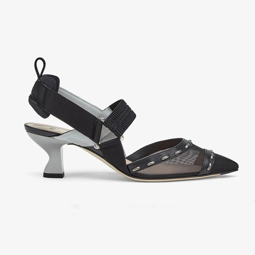 Fendi Colibri Black Mesh Medium-Heel Slingbacks with Metal Stitches for Women