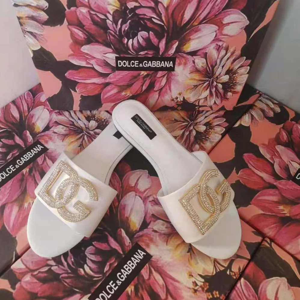 Dolce Gabbana D&G Calfskin Slides with DG Logo for Women in White