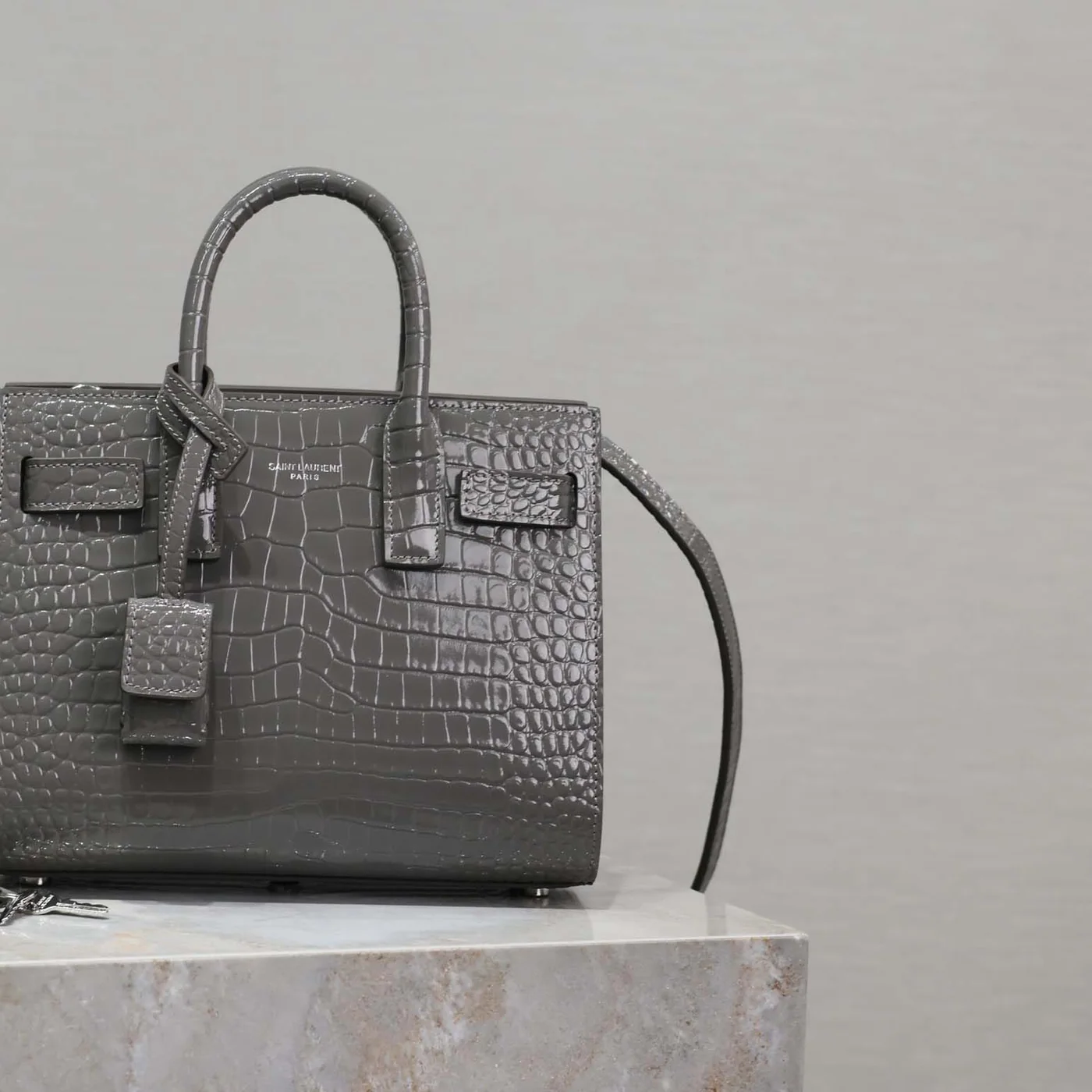 Saint Laurent YSL Sac De Jour in Crocodile Embossed Leather Nano for Women in Silver Saint Laurent YSL Sac De Jour in Crocodile Embossed Leather Nano for Women in Silver