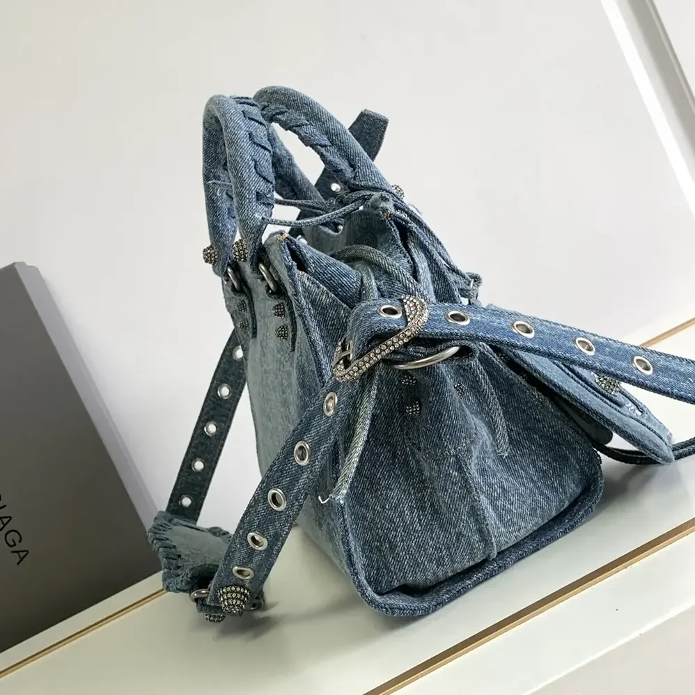 Balenciaga Neo Cagole City Handbag Denim with Rhinestones in Blue for Women Balenciaga Neo Cagole City Handbag Denim with Rhinestones in Blue for Women