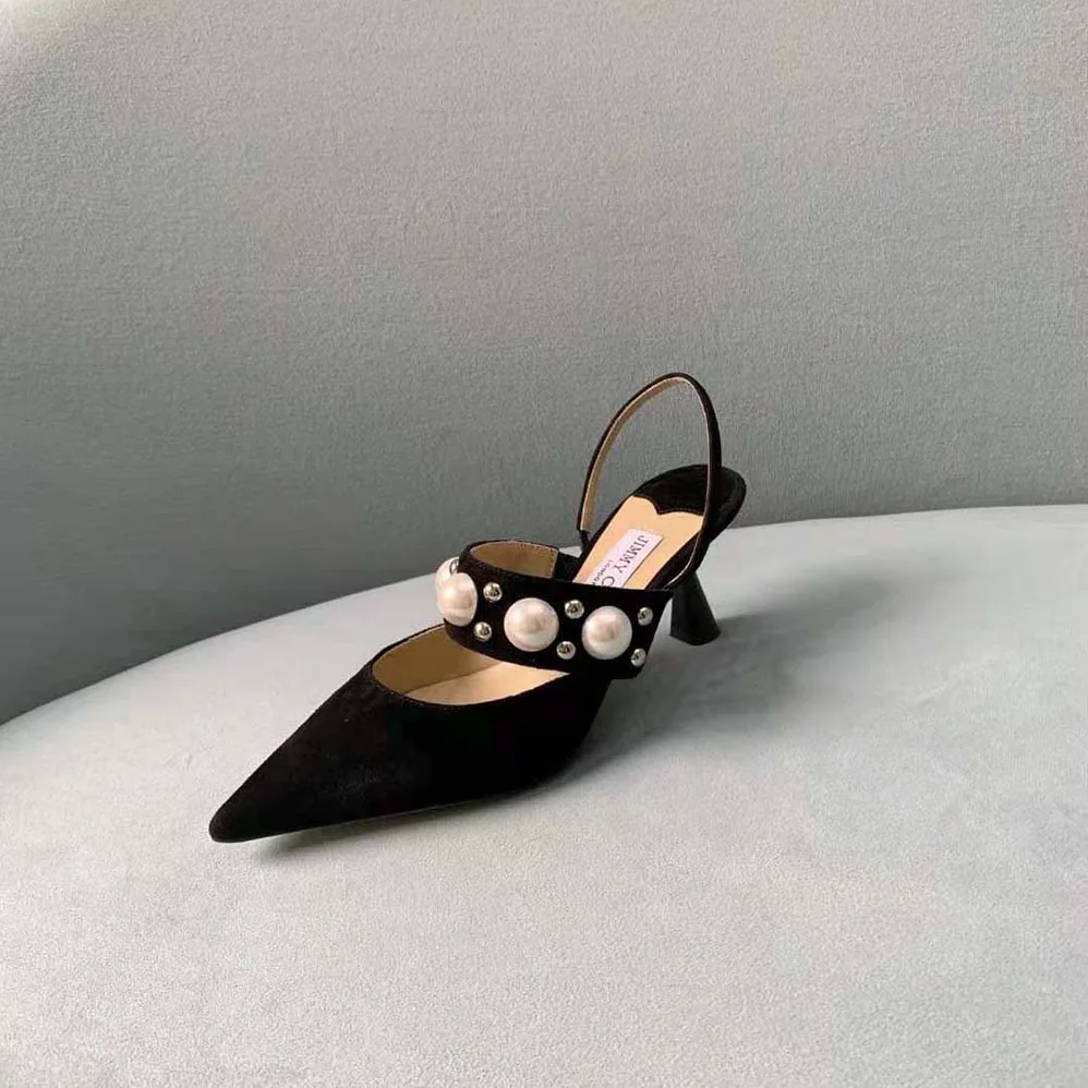 Jimmy Choo Breslin 100 Black Suede Slingbacks with Pearl and Stud Embellishment for Women