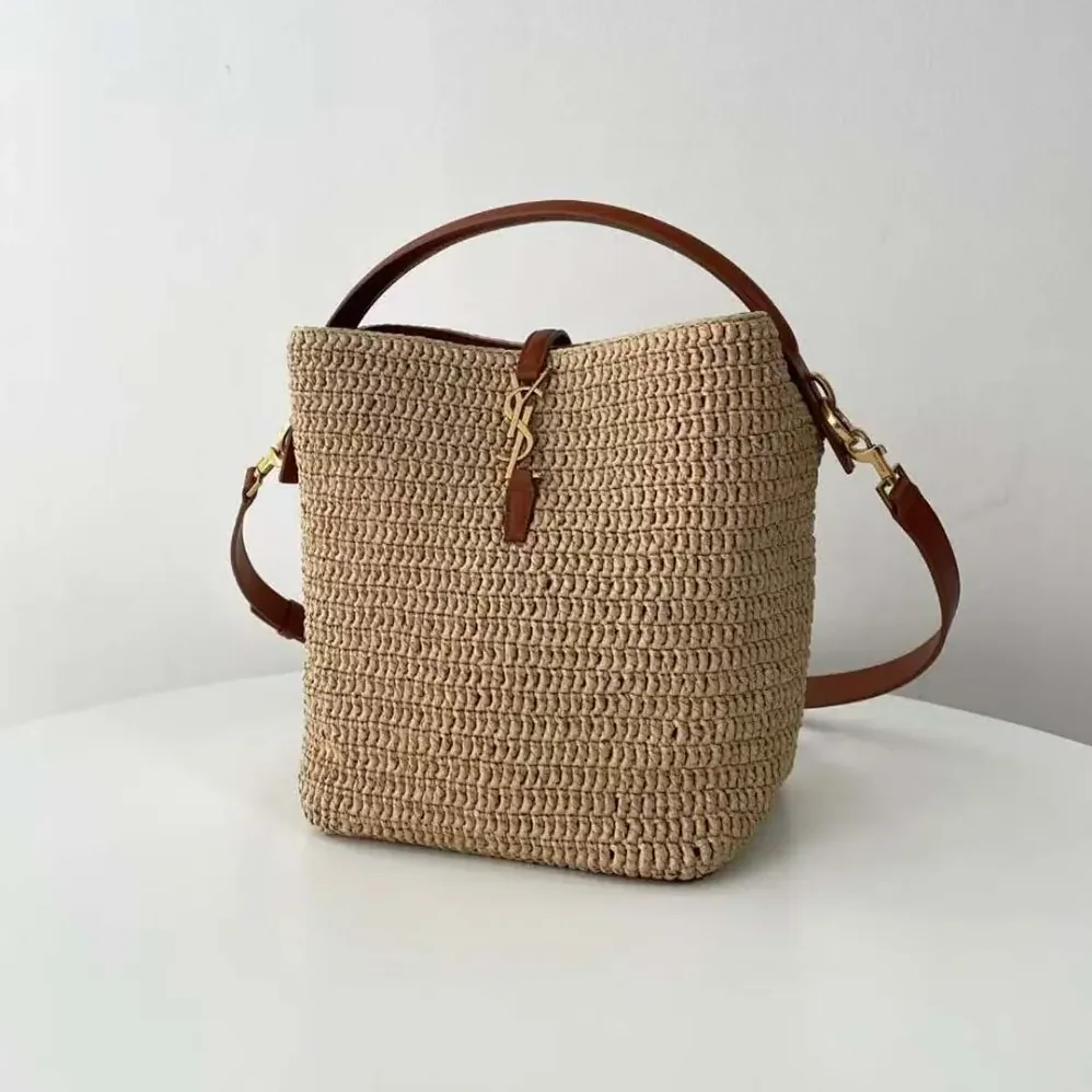 Saint Laurent YSL Le 37 Leather for Women in trimmed Raffia Bucket Bag Saint Laurent YSL Le 37 Leather for Women in trimmed Raffia Bucket Bag