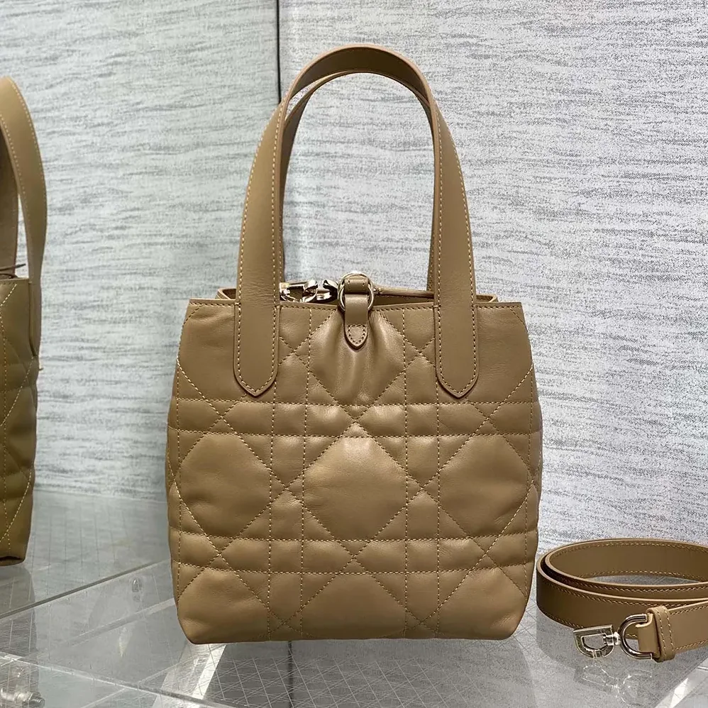 Dior Small Dior Toujours Vertical Tote Bag Medium Tan Macrocannage Calfskin for Women