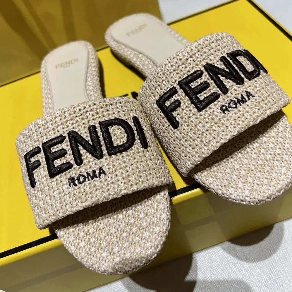 Fendi Signature Beige Cotton Fiber Slides for Women Fendi Signature Beige Cotton Fiber Slides for Women