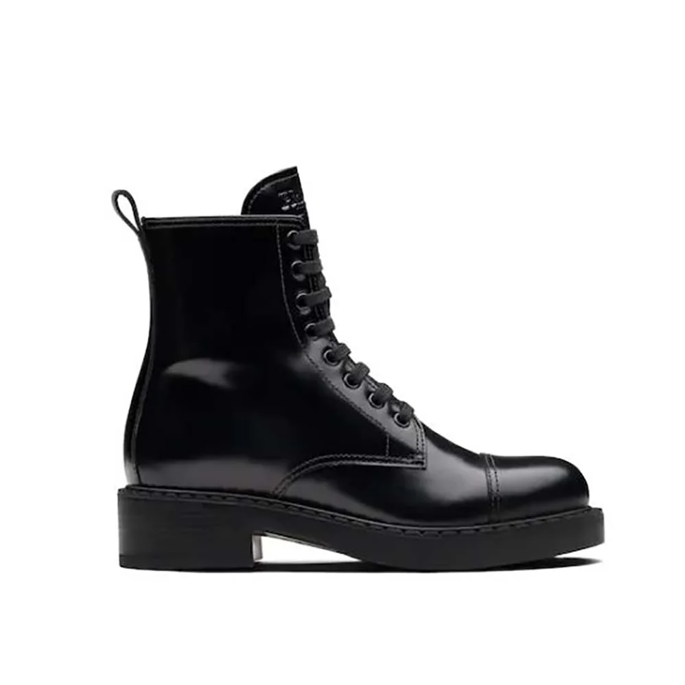 Prada Brushed Leather Laced Booties for Women in Black Prada Brushed Leather Laced Booties for Women in Black