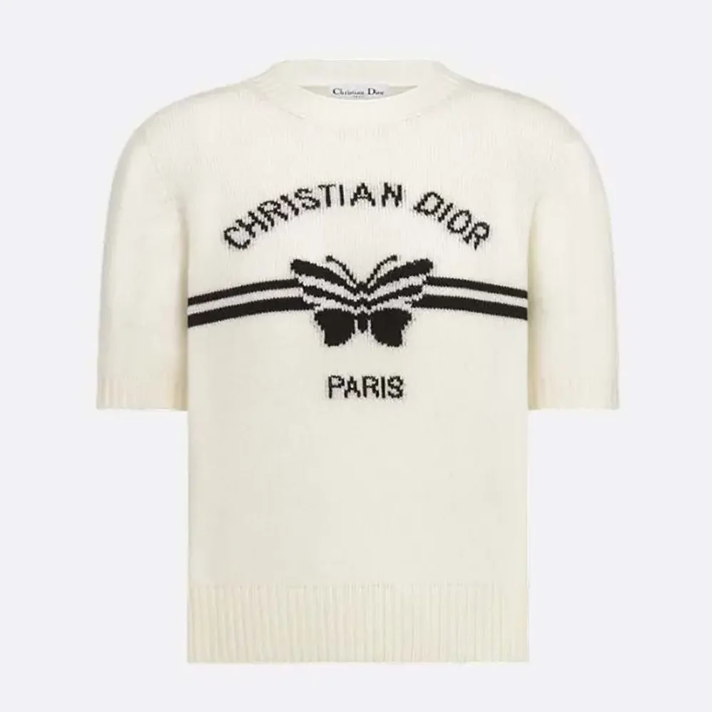 Dior Short-Sleeved Sweater White Cashmere Knit with Black Christian Dior Papillon Motif for Women
